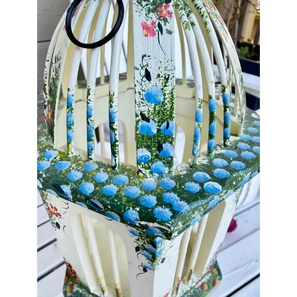Hand Painted Wood Floral Birdcage Hanging Decor Folk Art Cottagecore Grandmacore